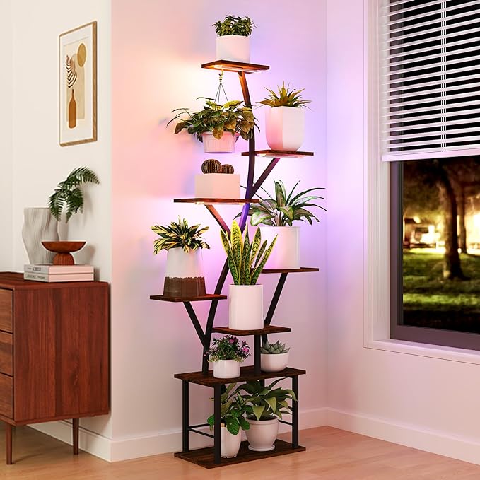 Plant Stand Indoor with Grow Lights 64" Tall Plant Shelf Corner Lighted Plant Stands for Indoor Growing Multiple Metal 8 Tiered Large S-Shape Flower Plant Rack for Home Decor Patio Balcony