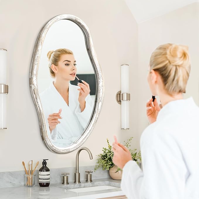 JJUUYOU Irregular Wall Mirror Asymmetrical Wooden Frame Modern Hanging Mirror 30"x18" Large Wall Mounted Makeup Dressing Mirrors for Bathroom Bedroom Living Room Hallway White