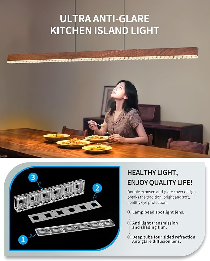 59" Wood Linear Pendant Light, Dimmable Kitchen Island Lighting with Remote, 30W LED Island Lights for Kitchen, Adjustable Linear Chandelier for Dinning Room Light Fixture, Bar, Pool Table - Walnut