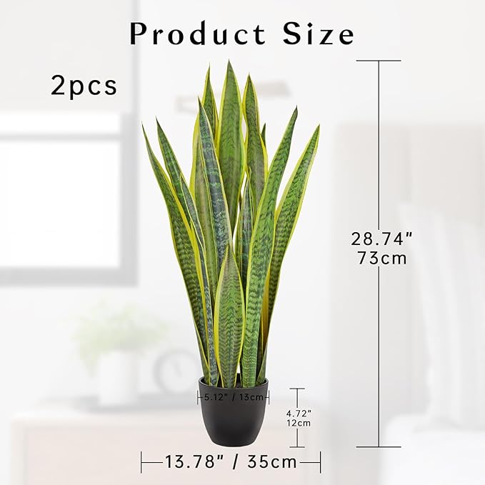 Hollyone 2 Set Artificial Snake Plant Potted, 28 Inch Faux Sansevieria Trifasciata Plants Large Tall Tropical Fake Snake Plants Tree in Black Pot for Home Office Room Patio Garden Indoor Outdoor Decor
