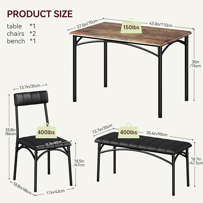 GAOMON Dining Table Set for 4, Kitchen Table with Upholstered Chairs and Bench, 4-Person Dining Room Table Set, Rectangular Kitchen Table Set for Small Space, Apartment, Home, Studio, Rustic Brown