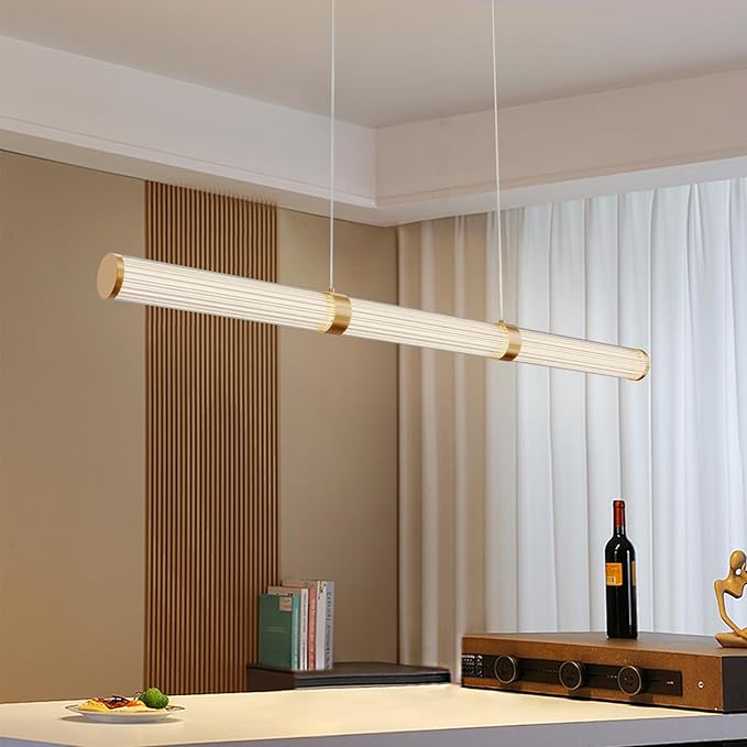 Modern Linear Chandelier Gold Linear Pendant Light Fixture, LED Dimmable Island Chandelier for Kitchen Island, Dining Room, and Living Room, Easy to Install.