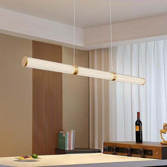 Modern Linear Chandelier Gold Linear Pendant Light Fixture, LED Dimmable Island Chandelier for Kitchen Island, Dining Room, and Living Room, Easy to Install.