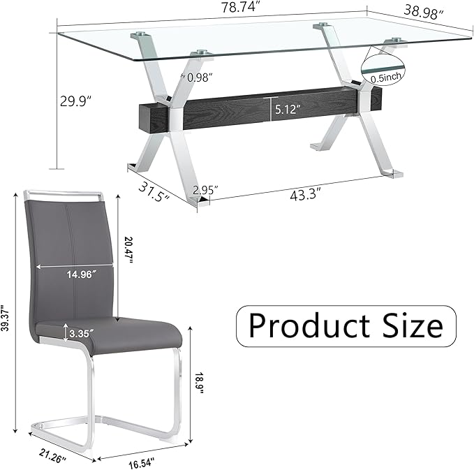 7 Piece Glass Dining Table Set, 79" Modern Dining Table Set for 6, 0.5" Thick Tempered Glass Tabletop with Silver Chrome Metal Legs and Black Crossbar, 6 PU Chairs for Dining Room, Kitchen