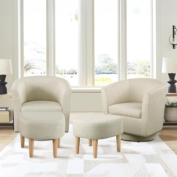 DAZONE Swivel Accent Chair Set of 2 with Ottoman, Modern Upholstered Barrel Armchairs with 360° Swivel Base, Comfortable Club Chairs for Living Room, Bedroom, Reading Nook, Beige
