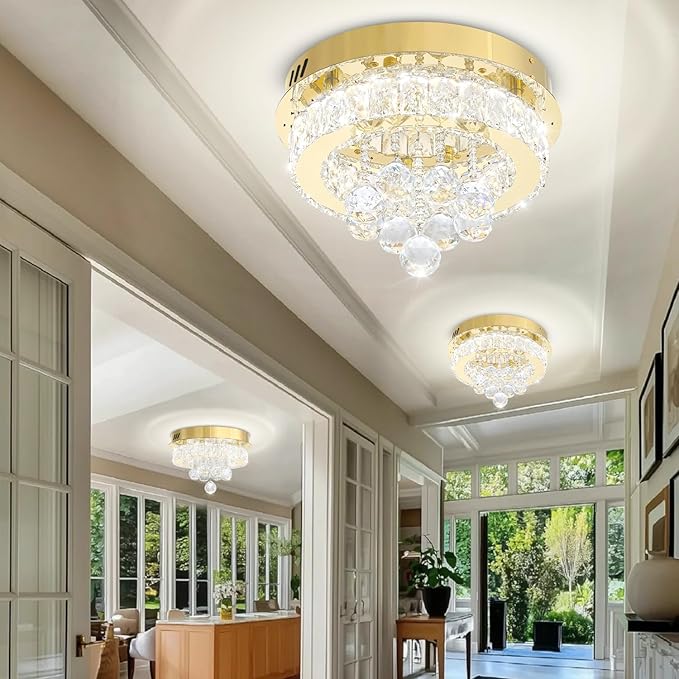 Flashing God 12" Modern Crystal Chandeliers Flush Mount Ceiling Light Gold Chandelier for Hallway LED Dimmable Light Fixture for Dining Room Living Room Bedroom