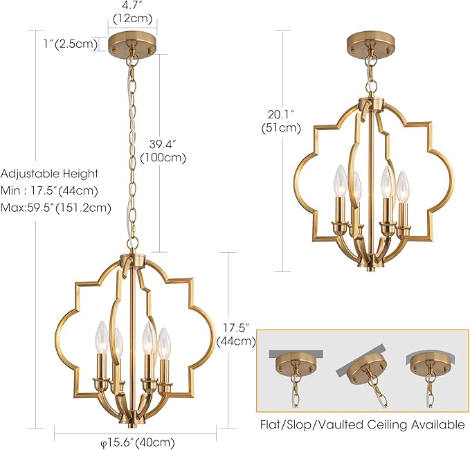 15.6" Brushed Gold Dining Room Light Fixtures Over Table, 4 Light Rustic Orb Geometric Pendant Light, Farmhouse Brass Chandelier for Entryway Foyer Bathroom