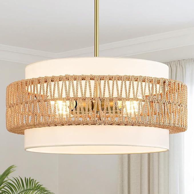 19.7" Boho Rattan Chandelier, 4-Light Large Rattan Pendant Light with Fabric Shade, Boho Drum Ceiling Hanging Light Fixture for Dining Room, Living Room, Kitchen Island, Hallway, Foyer