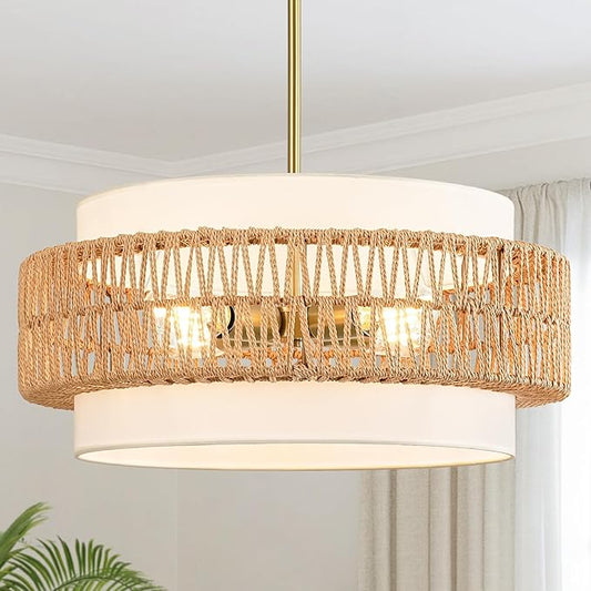 19.7" Boho Rattan Chandelier, 4-Light Large Rattan Pendant Light with Fabric Shade, Boho Drum Ceiling Hanging Light Fixture for Dining Room, Living Room, Kitchen Island, Hallway, Foyer