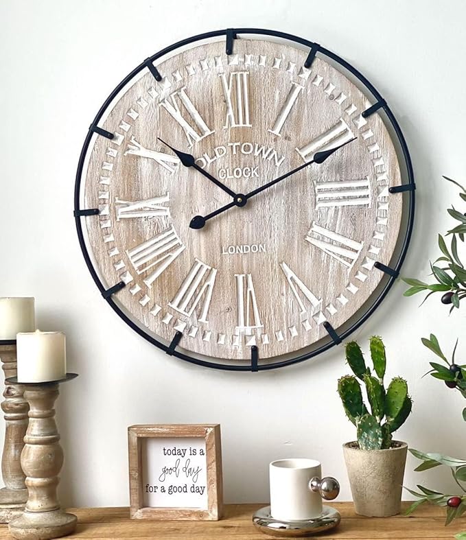 24 Inch Large Farmhouse Wall Clock, Rustic Antique Wood with Metal Circle and Large Engraved Numerals, Silent Battery Operated Wall Clock for Office Kitchen Bedroom Living Room