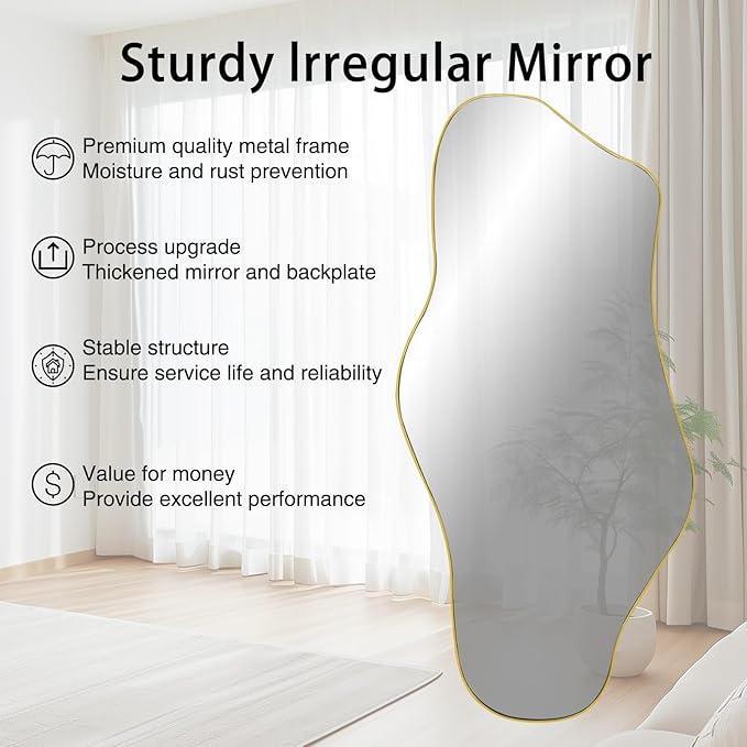Irregular Mirror Full Length, 63.4"x29" Large Asymmetrical Mirror, Big Gold Floor Mirrors for Dressing, Modern Wavy Shaped Mirrors for Living Room Bathroom Bedroom Entryway