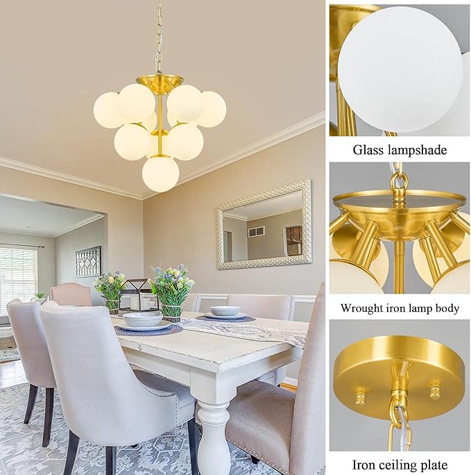 10 Lights Globe Pendant Light Mid Century Pendant Lighting Modern Gold Sputnik Chandelier Dining Room Pendant Lights for Kitchen Island Living Room Bedroom Staircase