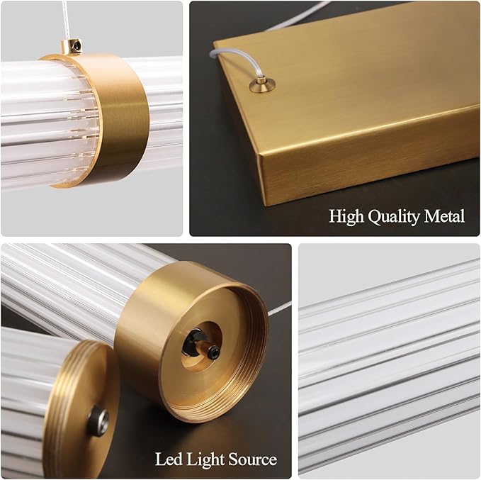 Modern Linear Chandelier Gold Linear Pendant Light Fixture, LED Dimmable Island Chandelier for Kitchen Island, Dining Room, and Living Room, Easy to Install.