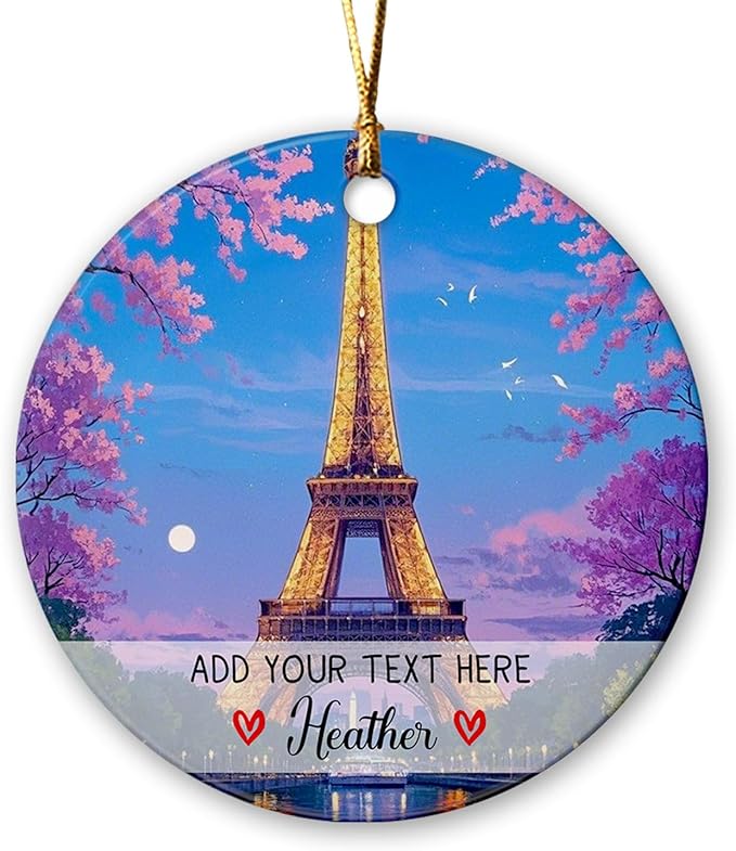 Personalized Text/Name Paris Eiffel Tower Christmas Ornament, France Paris Skyline Ceramic Ornament Christmas 2025, France Travel Souvenir Ornaments Gift, Customized Eiffel Tower Trip Xmas Tree Decor