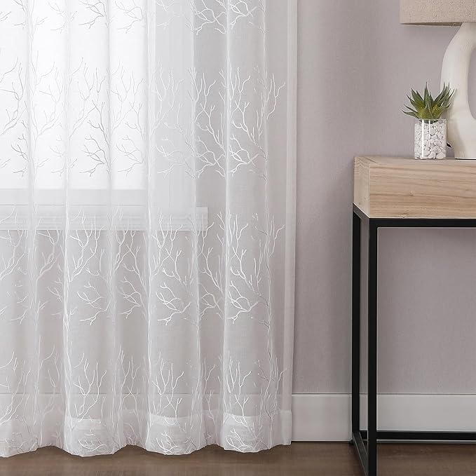 VISIONTEX Sheer Curtains 72 inch Length 2 Panels Set, Decorative White Coral Embroidery, Rod Pocket Embroidered Window Drapes for Living Room and Bedroom, 54" x 72"