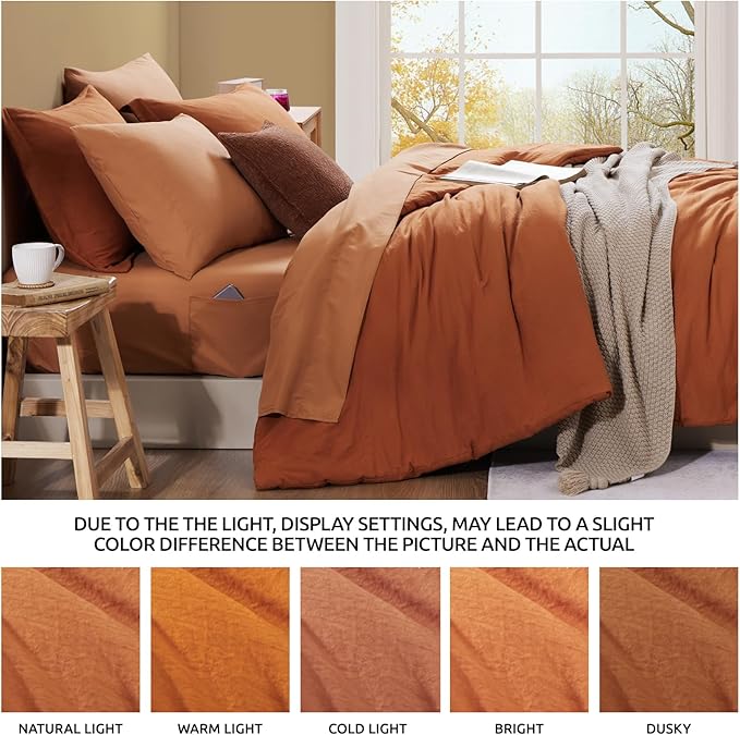 WRENSONGE Queen Comforter Set- 7 Pieces Soft Burnt Orange Bed in a Bag with Fitted Sheet, Flat Sheet, 2 Shams, and 2 Pillowcases-Warm Bed Sets Fall Comforter for All Seasons