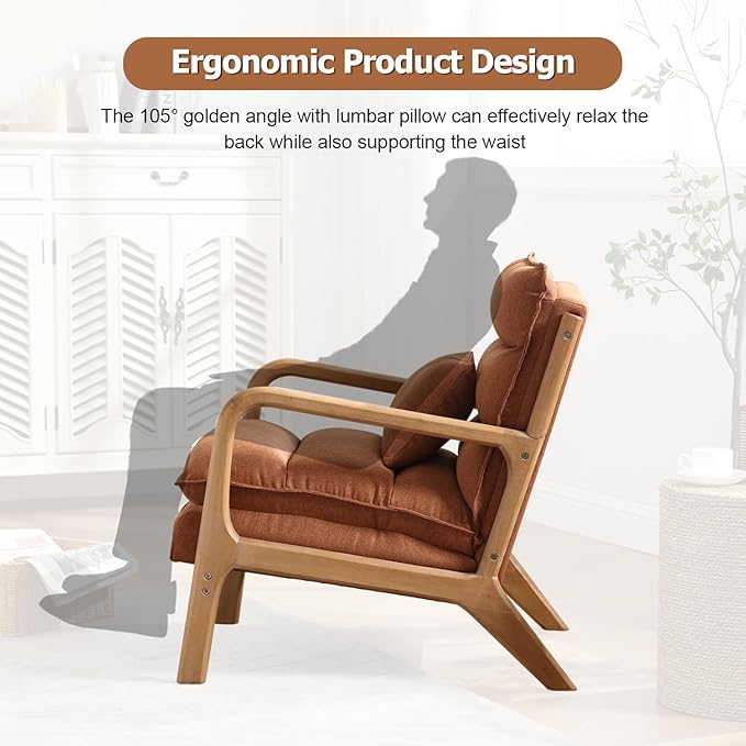 INZOY Accent Chairs Set of 2, Mid Century Modern Accent Chair with Wood Frame, Upholstered Reading Armchair with Waist Cushion, Side Chair for Living Room Bedroom Office, Easy Assembly, Brown