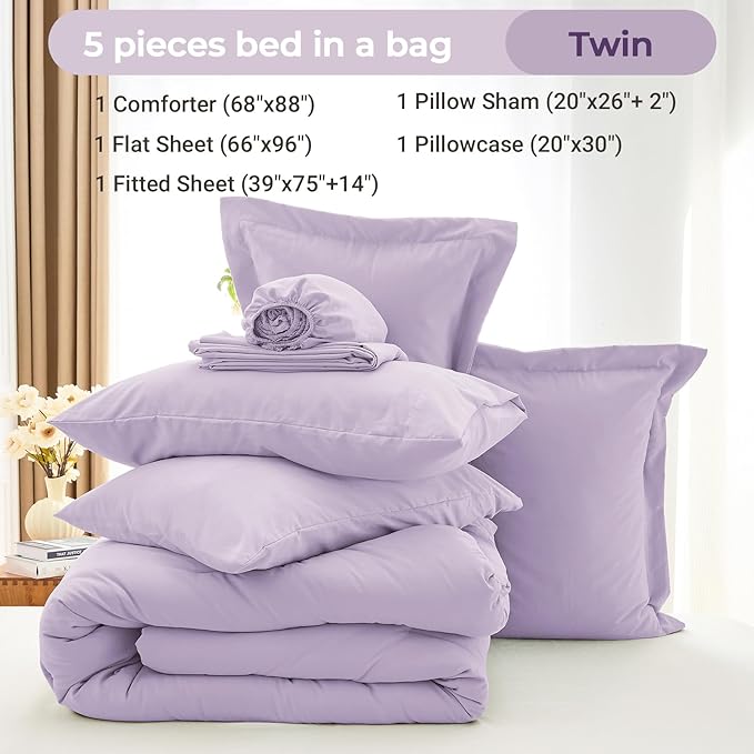 MUXHOMO 5 Pieces Twin Comforter Set, Soft Bed in a Bag Twin Size, All Season Bedding Set with Comforter, Flat Sheet, Fitted Sheet, Pillowcases & Shams, Lavender