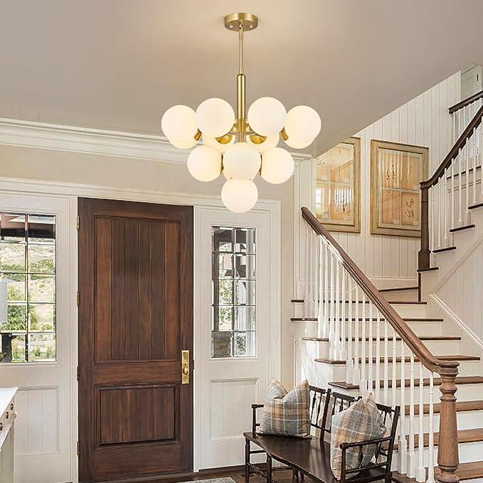 13 Lights Mid Century Modern Chandelier Gold Sputnik Chandelier Globe Pendant Lights with Milk White Glass Lampshade for Dining Room Living Room Foyer ‎‎Entryway