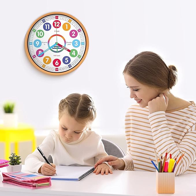 Kids Wall Clock for Bedroom, 10 Inch Round Multi-Colored Learning Clock, Children's Silent Analog Non-Ticking Educational Wall Clock for Boys and Girls Classroom Home Decor