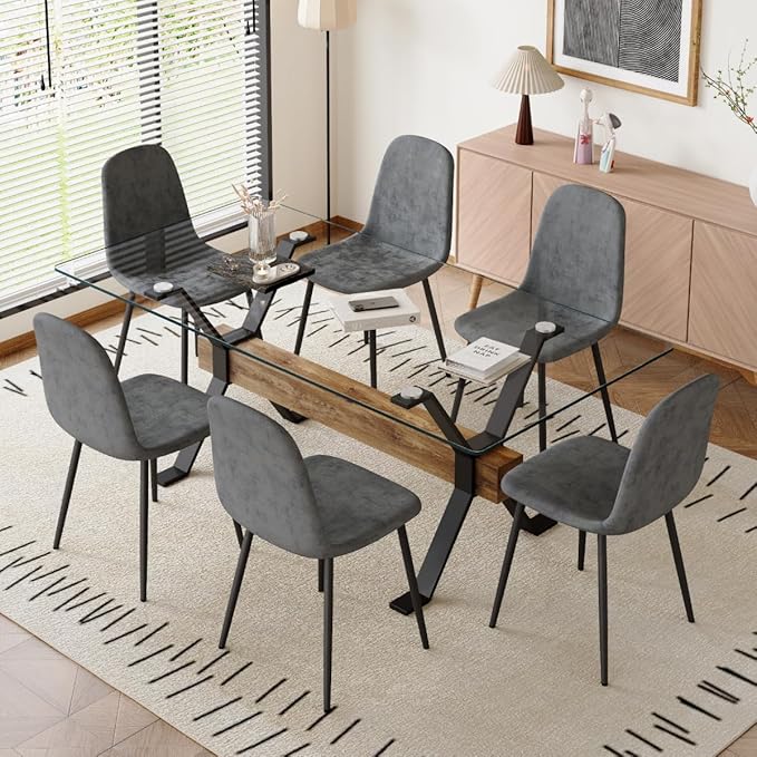 7 Piece Glass Dining Table Set, Kitchen Table Chairs Set for 6, 71'' Dining Table with 0.4" Tempered Glass Tabletop with Plated Metal Legs and MDF Crossbar, 6 Chairs for Dining Room, Kitchen.