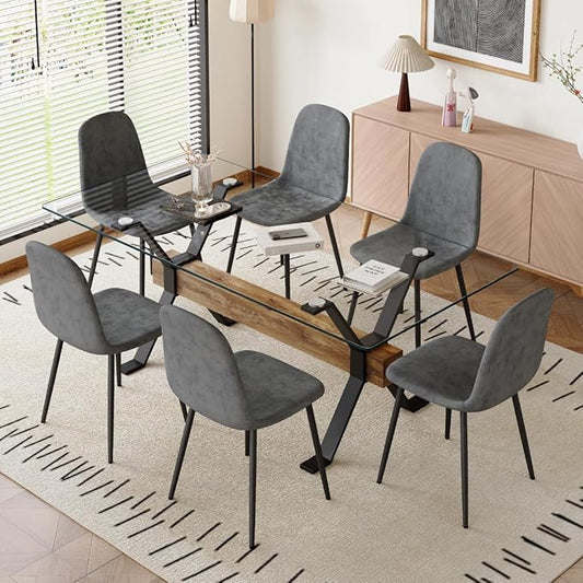 7 Piece Glass Dining Table Set, Kitchen Table Chairs Set for 6, 71'' Dining Table with 0.4" Tempered Glass Tabletop with Plated Metal Legs and MDF Crossbar, 6 Chairs for Dining Room, Kitchen.