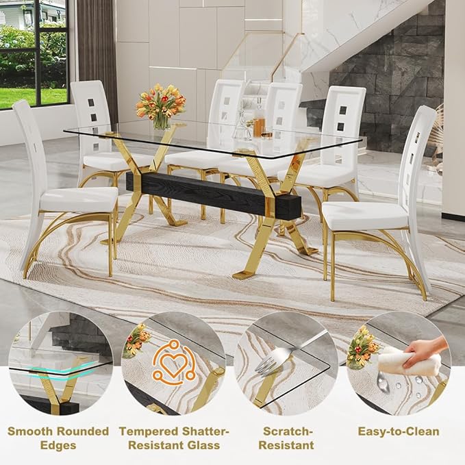 71'' Modern Dining Table Set for 6,7 Piece Glass Dining Table Set with Open‑Frame X‑Shaped Golden Metal Base,Gold Kitchen Table and Chairs Ideal for Dining Room&Home Office