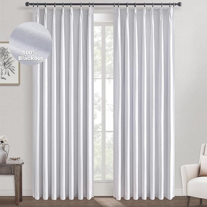 Topfinel 120 Inches Long Extra Long White Linen Curtains for Living Room,100 Percent Blackout Floor to Ceiling Pinched Pleated Boho Insulating Drapes 2 Panels for Track System,10 FT Bay Window