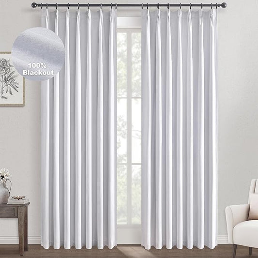 Topfinel 120 Inches Long Extra Long White Linen Curtains for Living Room,100 Percent Blackout Floor to Ceiling Pinched Pleated Boho Insulating Drapes 2 Panels for Track System,10 FT Bay Window