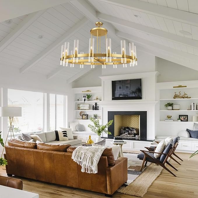 Modern 48" Gold Wagon Wheel Chandelier, Brass Round Chandeliers for Dining Room,16-Light Farmhouse Living Room Chandelier with Glass Tube for Bedroom,Staircase, Foyer, Entryway, Includes Bulbs