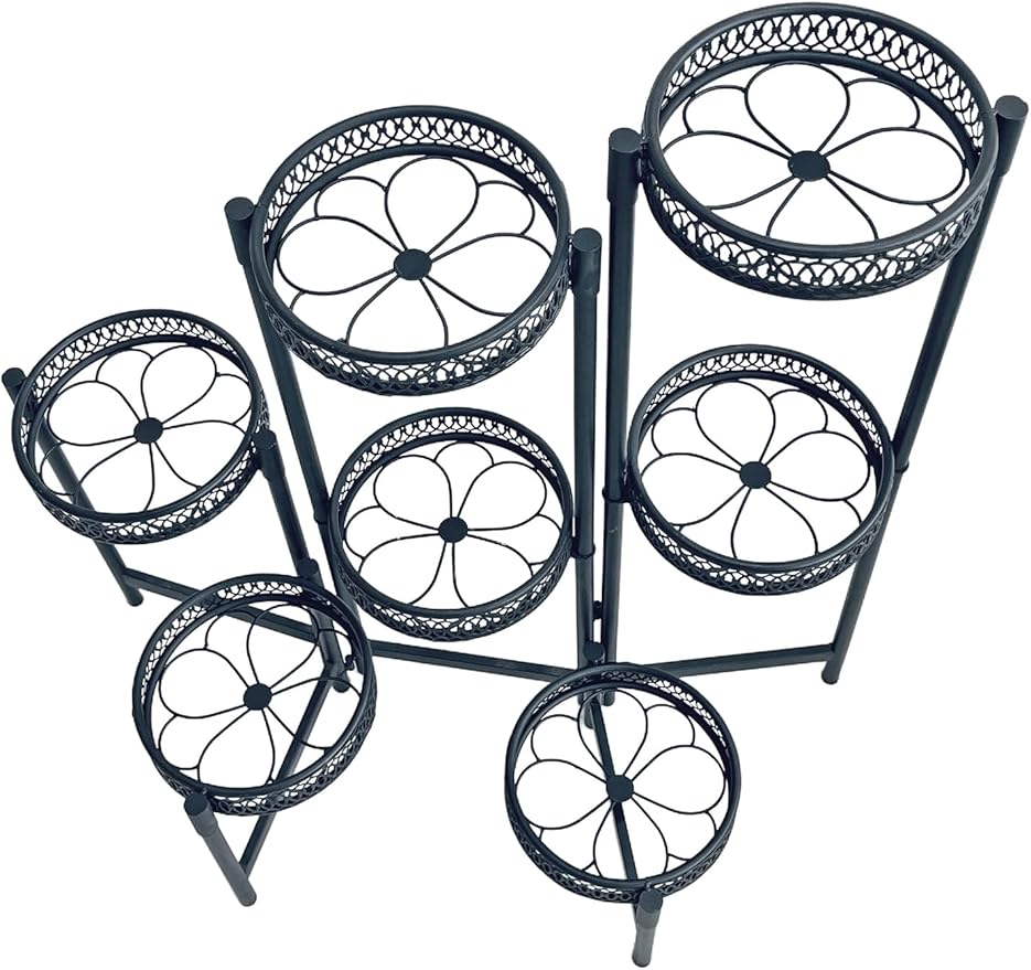 Plant Stand Indoor Outdoor, 7 Tier Large Plant Stand with 7.9-Inch Wide Drainage Tray, Tiered Corner Metal Iron Flower Display Holder Shelf, Folding Tall Rack for Patio Balcony Porch - BlackFlower