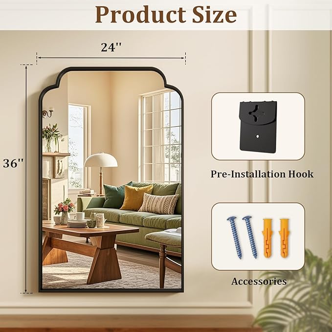 24X36 Inch Black Bathroom Mirror for Wall, Modern Rounded Corner Rectangle Mirror with Non-Rusting Iron Metal Framed Bathroom Vanity Mirror for Over Sink Wall Decor