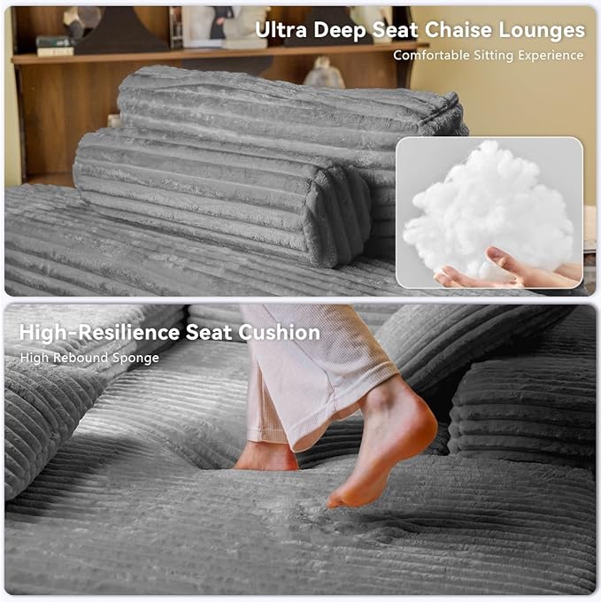 67" Oversized Chaise Lounge Chair Indoor, Cloud Couches for Living Room, Corduroy Sleeper Sofa Bed, No Assembly Required, Deep Seat Lounge Chair with Pillows Gray