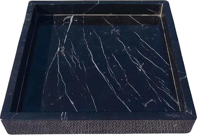 Square Natural Marble Vanity Tray: Luxury 8x8 Polished Organizer for Bathroom Kitchen Dresser Makeup Jewelry Coffee Table Home Decor, Black