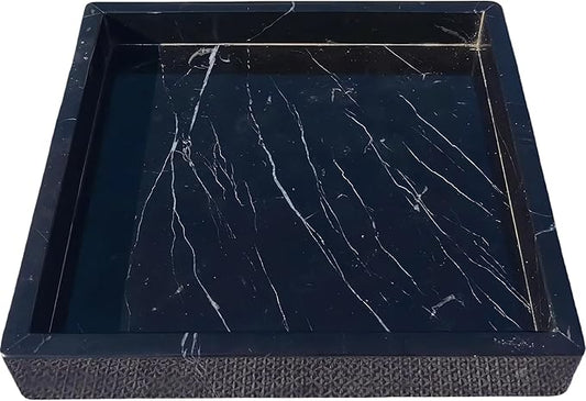 Square Natural Marble Vanity Tray: Luxury 8x8 Polished Organizer for Bathroom Kitchen Dresser Makeup Jewelry Coffee Table Home Decor, Black
