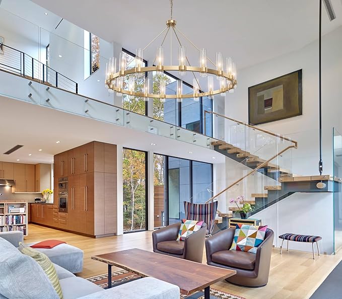 60 Inch Gold Chandelier, Wagon Wheel Chandelier with Glass Shade, 20-Lights Large Round Modern Farmhouse High Ceiling Pendant Lighting Fixture for Dining Room, Living Room, Kitchen, Foyer