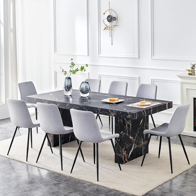 79" Marble Dining Table Set｜Modern Dining Table Set with 8 Faux Leather Chairs｜Engineered Wood with Marble Pattern Tabletop｜Widened and Stable Tablelegs｜Easy Assembly