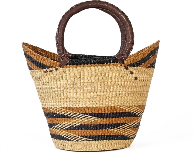 AYÉYA Handwoven African Basket – Winged Style – Wide Open Wicker Tote with Leather Handles – Unique Market or Foraging Basket – Handmade in Ghana