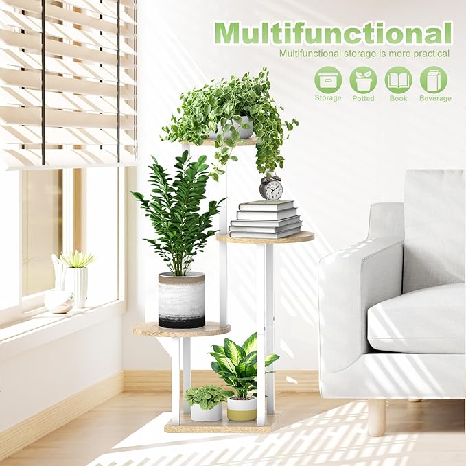 4 Tier Wood Tall Plant Stand Metal Rack Indoor, Multiple Flower Pot Holder Shelves Corner Rack, Round Planter Shelf Display Rack Storage Organizer for Patio Living Room Balcony(White Oak)