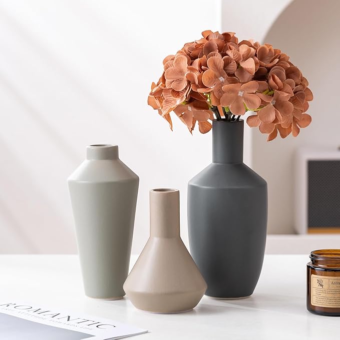 Ceramic Vase Set of 3, Modern Decorative Flower Rustic Farmhouse Decor Vase for Home Decor Bouquet Pampas Grass Dried Fresh Flowers, Living Room, Kitchen, Bedroom, Bathroom and Shelf