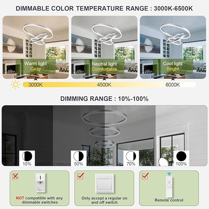 3-Rings D23.6 Modern LED Chandelier Silver Dimmable Pendant Lighting with Remote Control Circular Flush Mount High Ceiling Light for Dining Room Living Room Bedroom Entrance Foyer, 3000K-6500K
