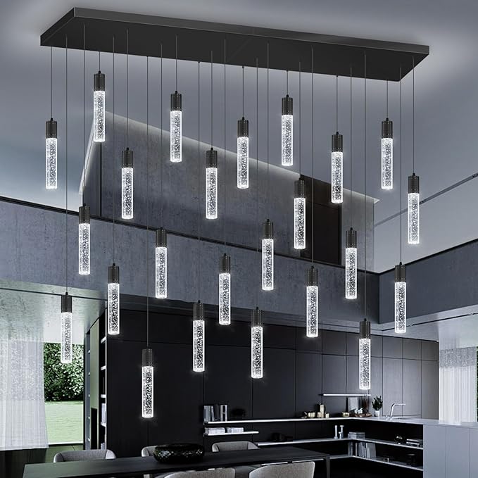 24-Lights Modern Crystal Chandeliers LED Pendant Light for Kitchen Island Dining Room Entrance Foyer Living Room 6000K Black