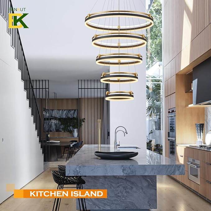 5-Rings Modern LED Chandelier Black Gold Dimmable Large High Ceiling Chandeliers Foyer, Remote Pendant Lighting for Foyer Entryway Dining Room Living Room Staircase(10-Ring Lighting, D29.5)