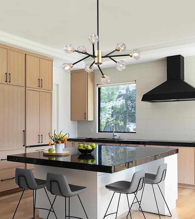 AMZASA Glass Crystal Chandelier for Dining Room, Modern Black and Gold Glass Pendant Lighting, 9 Lights Mid Century Ceiling Light Fixtures for Kitchen Island Living Room Bedroom Bar