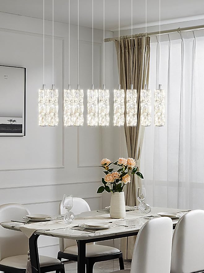 Modern Chandelier, Rectangular Crystal Chandelier Flush Mount Pendant Lighting Chrome Ceiling Light Fixture for Dining, Living Room, Kitchen Island, Bedroom