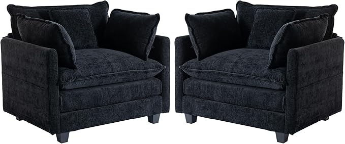 SweetGO corporation 40" Chenille Lounge Chair for Reading, Modern Couch Cozy Sofa Bed, Upholstered Living Room Single Sofa Accent Chair with Ottoman Set of 2, Black