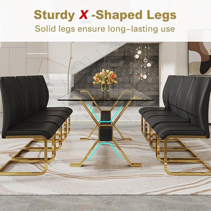 71'' Glass Dining Table Set for 8,9 Piece Dining Table Set with Open‑Frame X‑Shaped Golden Metal Base,Gold Kitchen Table and Chairs Ideal for Dining Room&Home Office