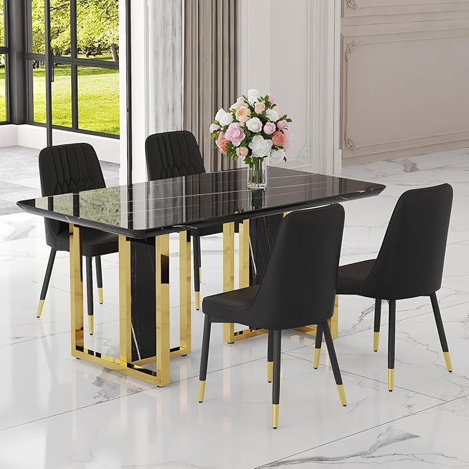 TesNus 63" Black Dining Table Set for 4 with Chairs,Modern Faux Marble Rectangular Kitchen Table and Chairs Set Luxury 5 Piece Dining Room Set with Gold Metal Legs,Easy Assemble,Stable Base
