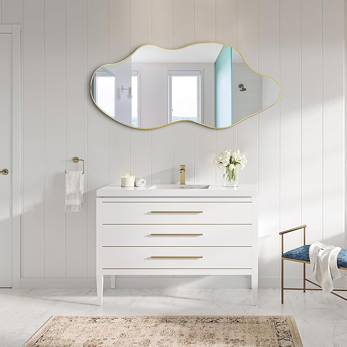 Irregular Wall Mirror, Gold Asymmetrical Mirrors, 47.2"x21.6" Large Wavy Shaped Mirror, Modern Frameless Decorative Mirrors for Living Room Bathroom Bedroom Hallway Entryway Fireplace