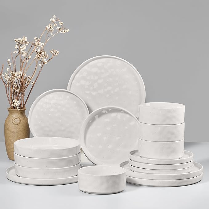 HaWare Dinnerware Sets, 16-Piece Plates and Bowls Set, Stoneware Dish Set for 4, Ceramic Dishware Set for Pasta Cereal, Chip and Scratch Resistant, Microwave and Dishwasher Safe, Speckled White